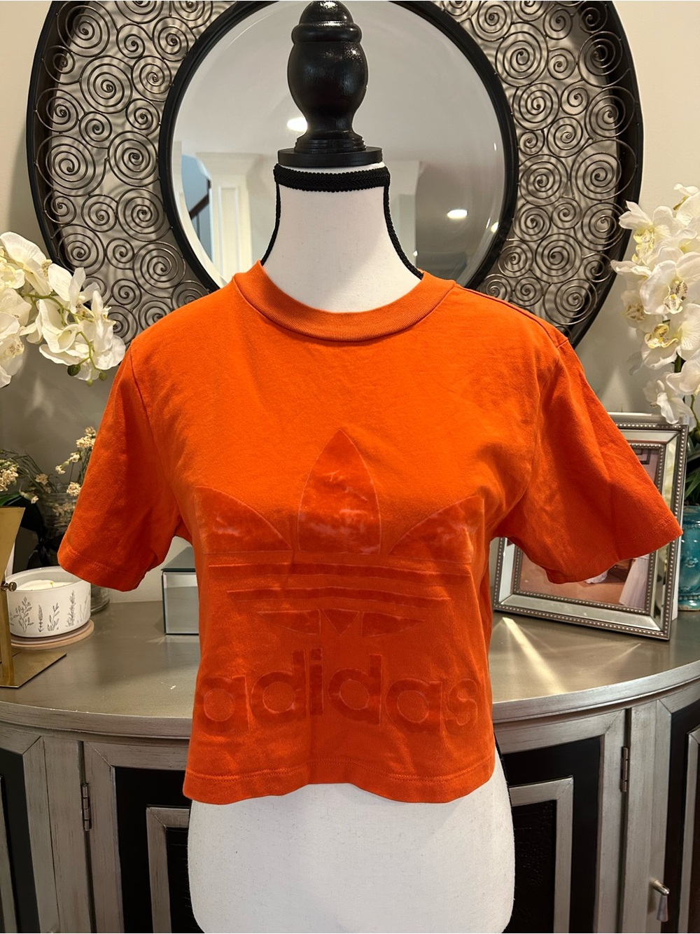 adidas Orange Velvet Trefoil Crop Top - Picture 2 of 5
